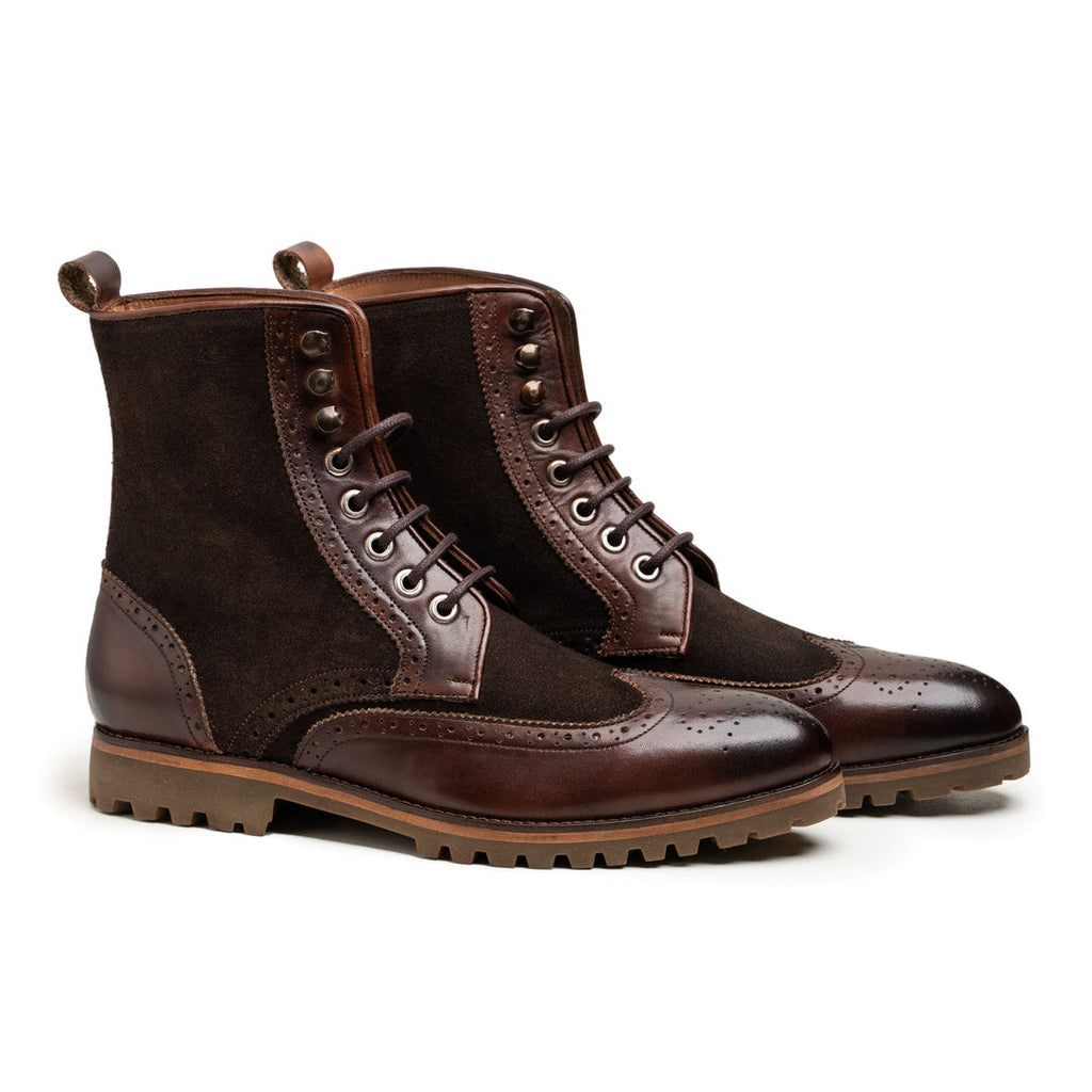 Men's Brown Two-Tone Leather & Suede Brogue Boots - Chunky Sole