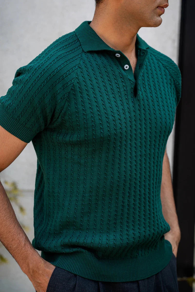 Harmain Leathers Men's Green Men's Short Sleeve Cable Knit Polo – Forest Green, front view