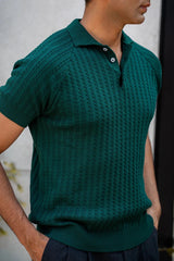 Short Sleeve Cable Knit Polo – Forest Green