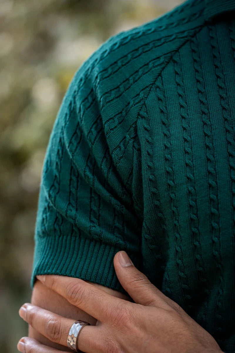 Men's Green Men's Short Sleeve Cable Knit Polo – Forest Green styled with chinos, Harmain Leathers