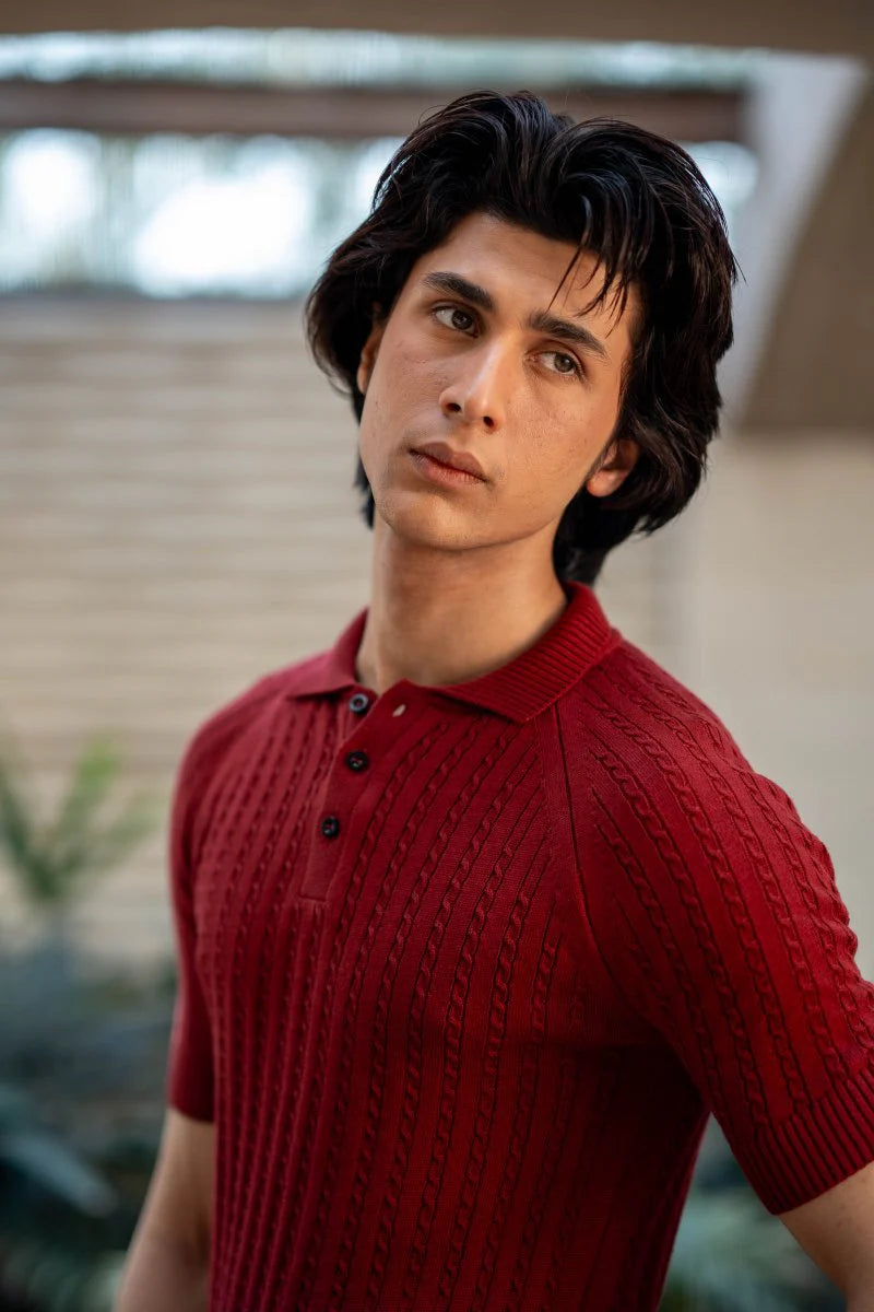 Harmain Leathers Men's Red Cable-knit Polo Shirt in Deep Maroon, front view, genuine leather craftsmanship