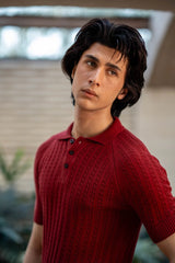 Red Cable-knit Polo Shirt in Deep Maroon
