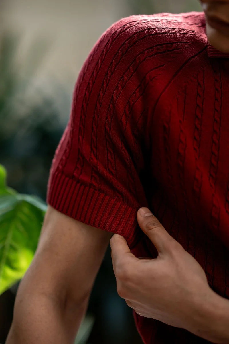 Men's Red Cable-knit Polo Shirt in Deep Maroon styled with chinos, Harmain Leathers