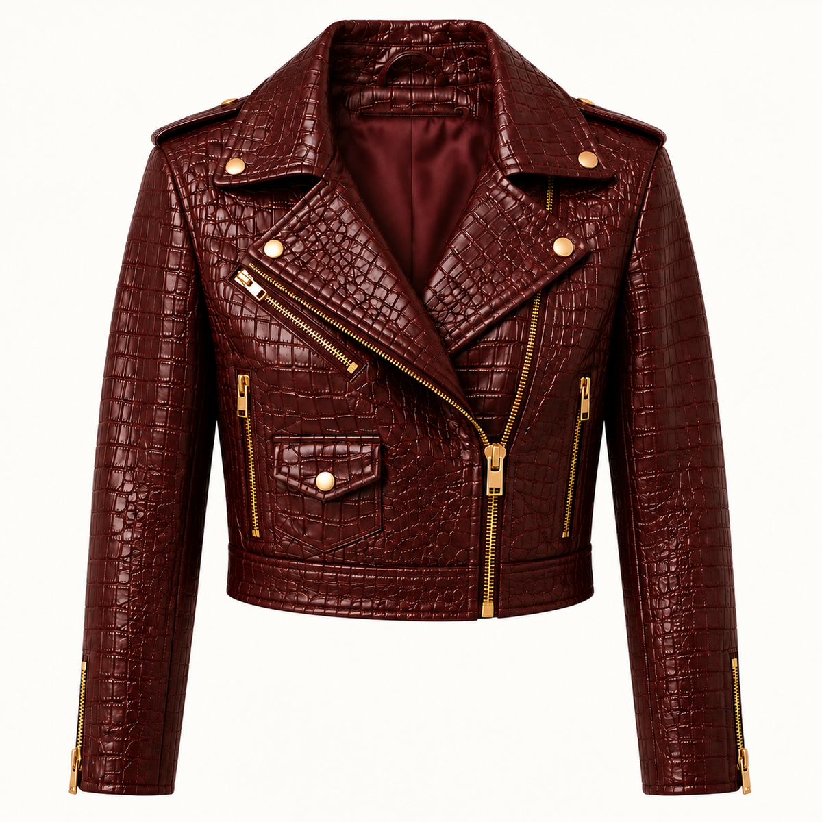 Burgundy Crocodile-Embossed Calf Leather Biker Jacket for Women