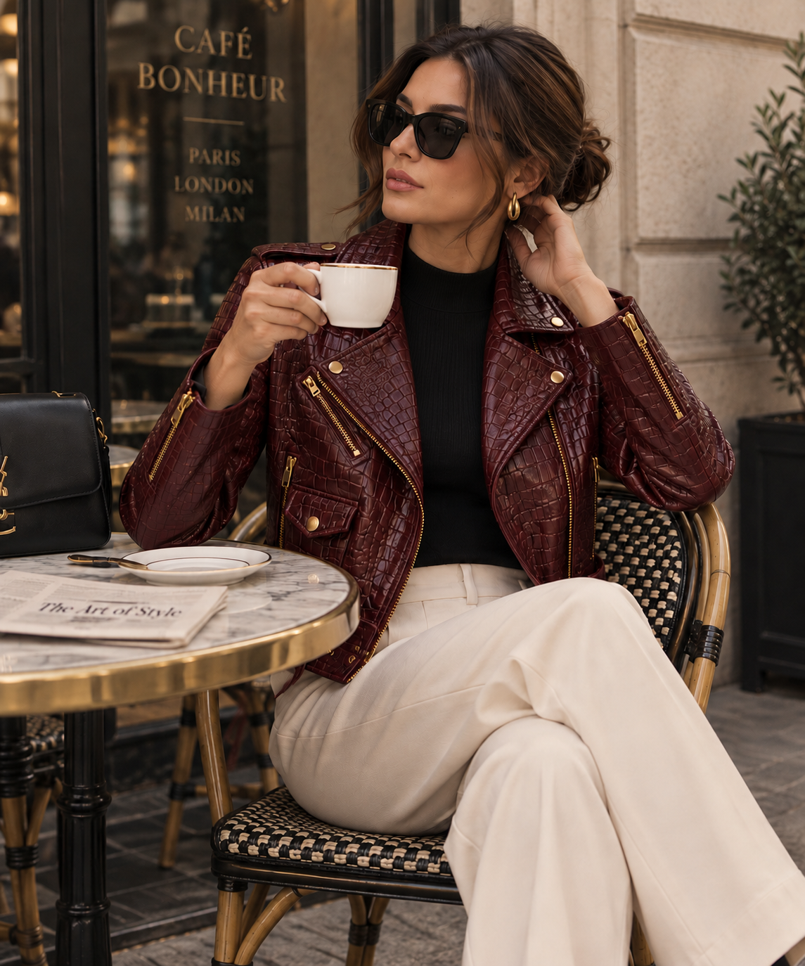 Woman wearing the burgundy croc biker jacket at a café table