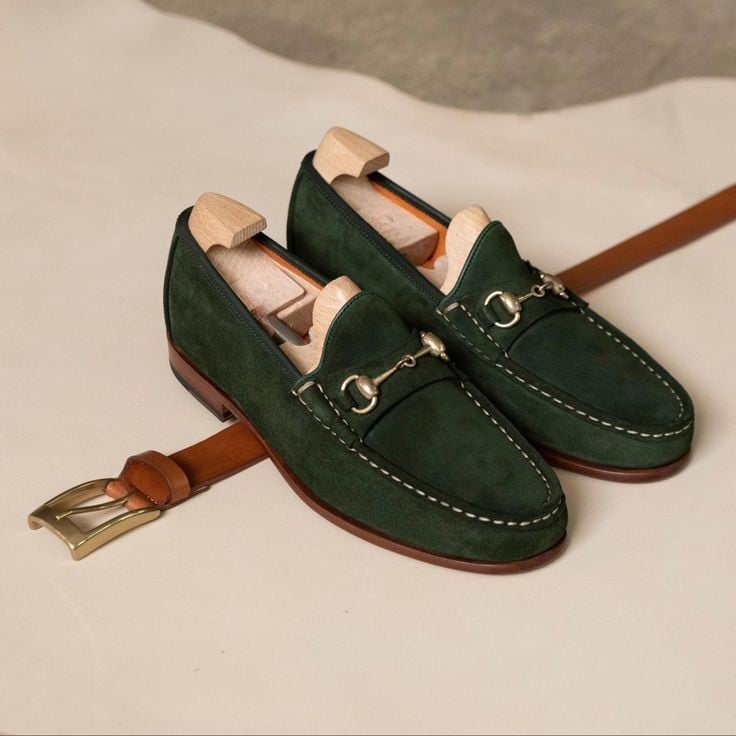 Harmain Leathers Men's Green Suede Green Suede Horsebit Loafers, front view, genuine suede craftsmanship