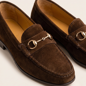 Harmain Leathers Unisex Brown Suede And  Leather Dark Brown Suede Horsebit Loafers., front view