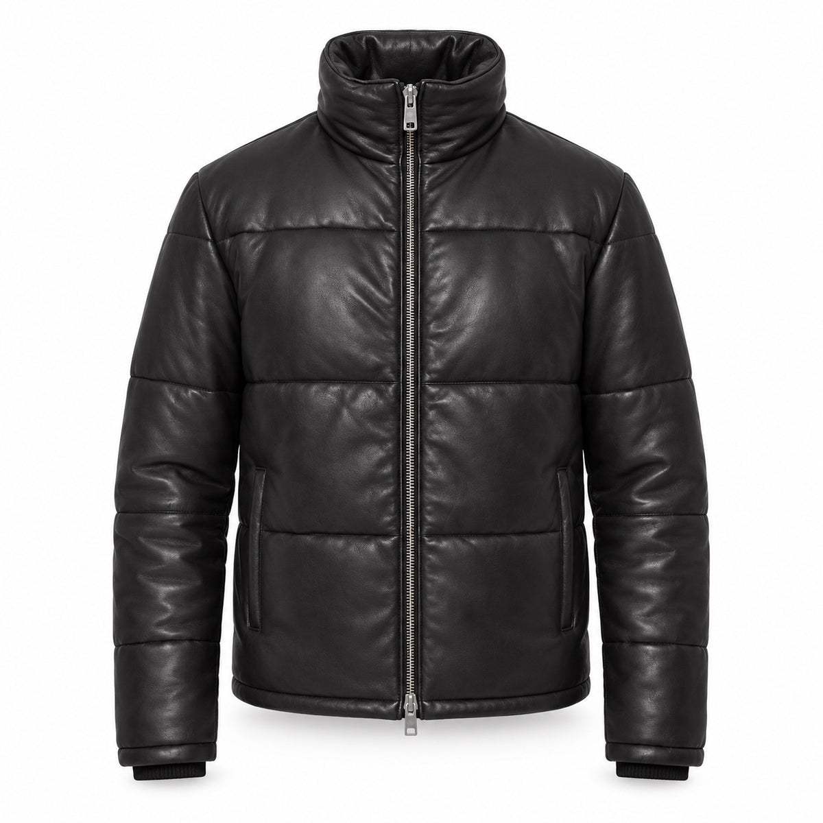 Men's black leather puffer jacket with quilted panels and zip front, front view