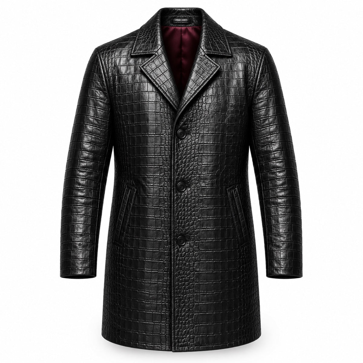 Men's black croc-embossed leather car coat with notch lapels, front view