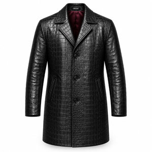Men's black croc-embossed leather car coat with notch lapels, front view
