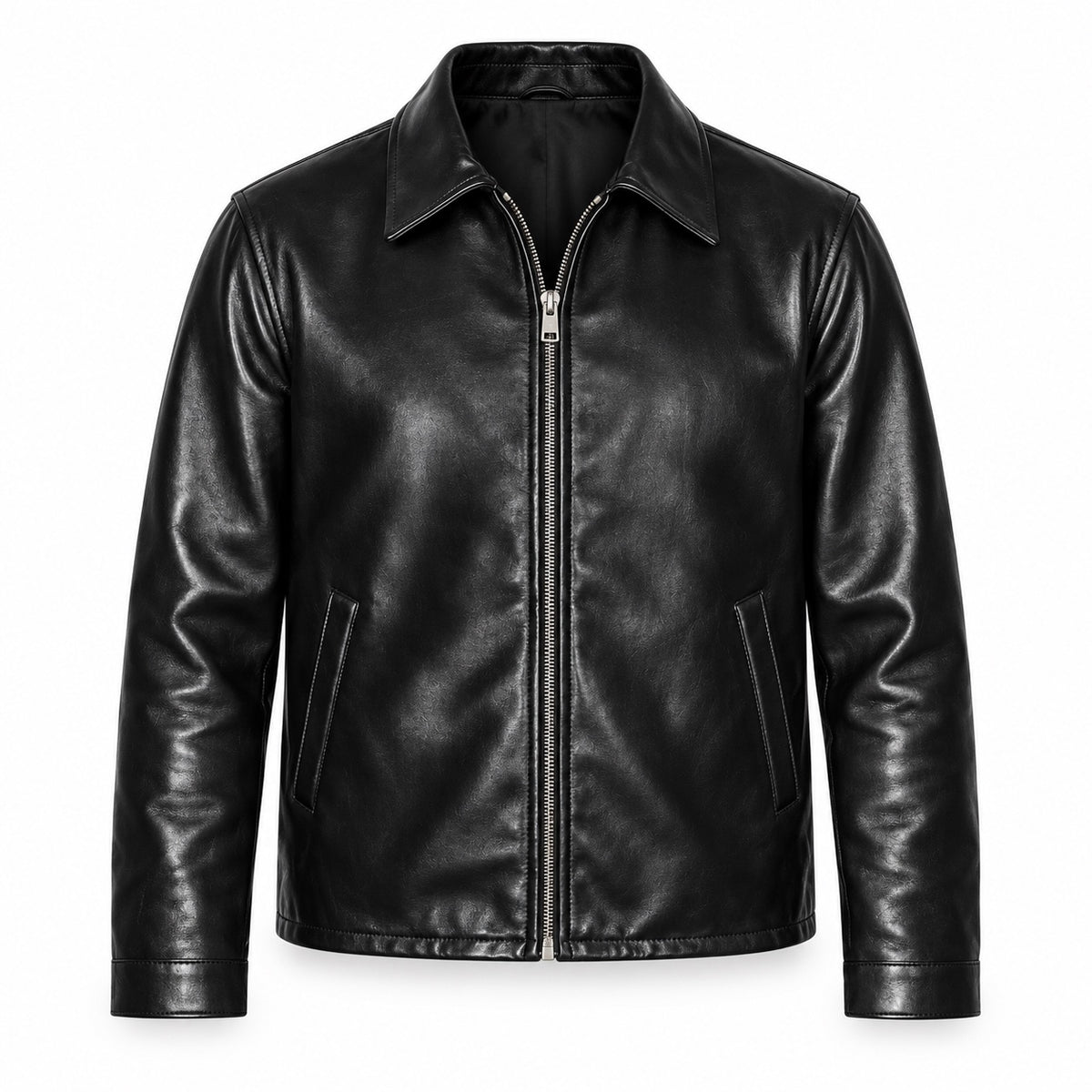 Men's onyx black leather Harrington jacket with zip front, front view