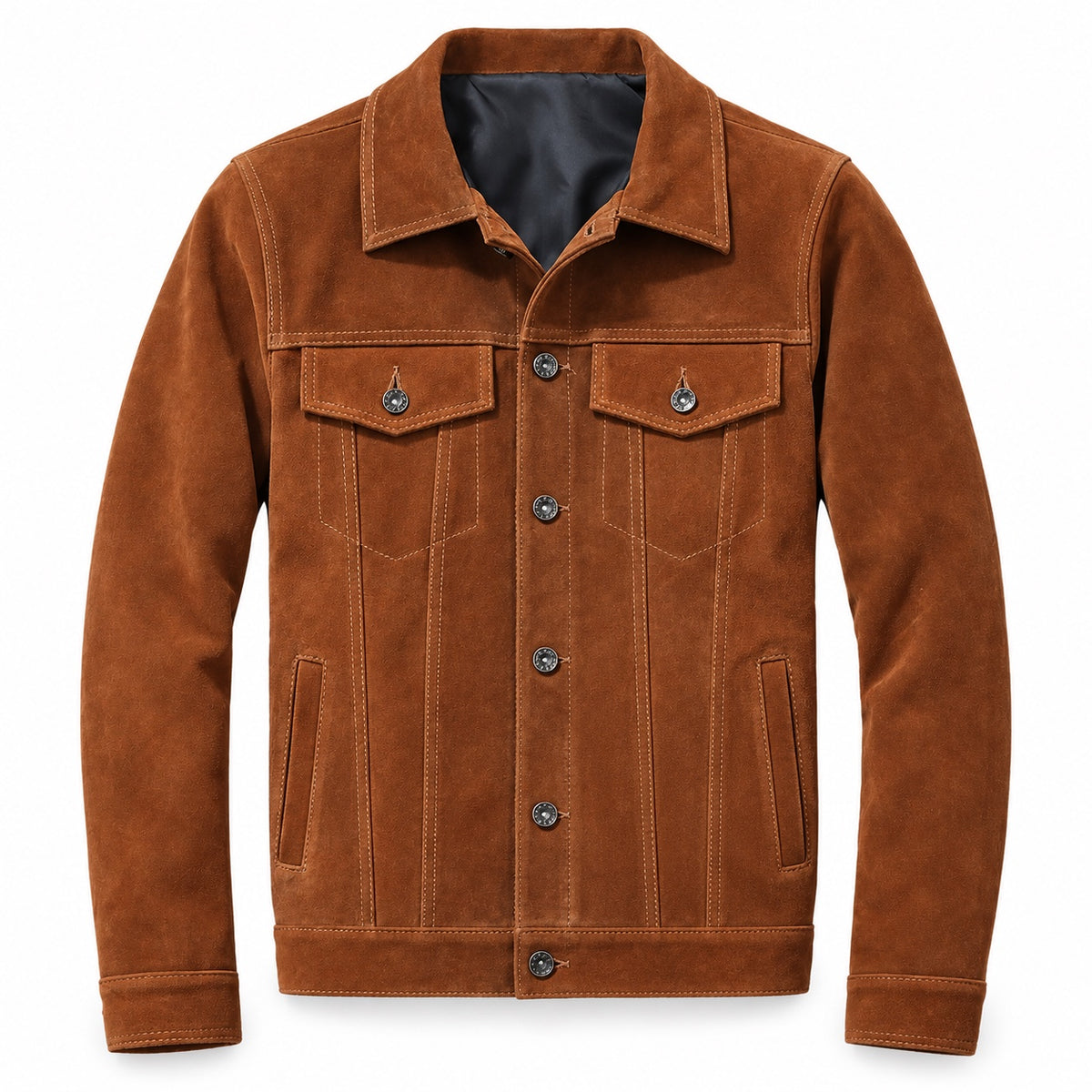 Men's brown suede trucker jacket with button front and chest pockets, front view