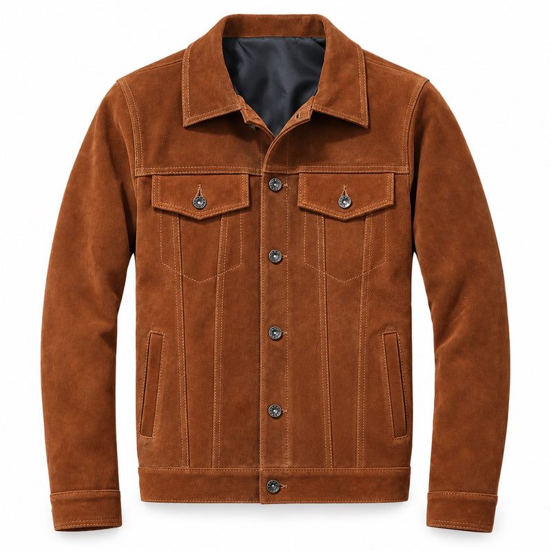 Harmain Leathers Signature Men’s Brown Trucker Suede Leather Jacket – Genuine Suede
