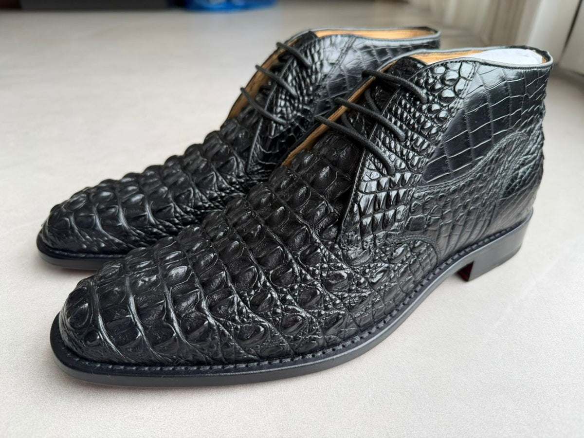 Unisex Black Handcrafted Genuine Crocodile Leather Chukka Boots – Goodyear Welted (Black) styled with denim, Harmain Leathers