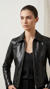 Black Crocodile Embossed Leather Jacket with Satin Lining