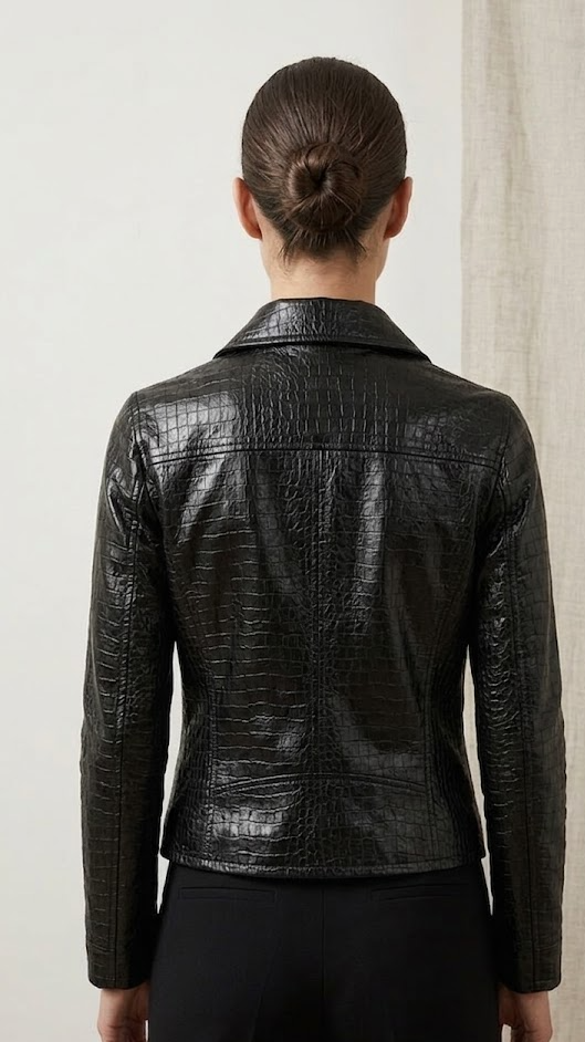 Close up of full grain crocodile embossed leather texture on women's tailored black jacket