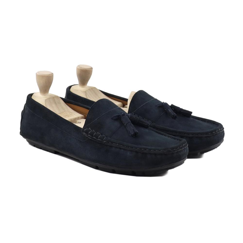 Harmain Leathers Unisex Navy Leather Vintage Navy Blue Suede Loafers, front view
