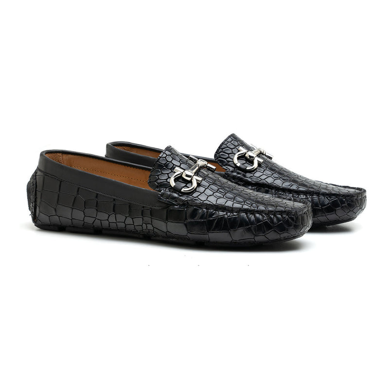 Harmain Leathers Men's Animal Leather And  Rubber Men’s Black Croc Emboss Driving Loafers, front view