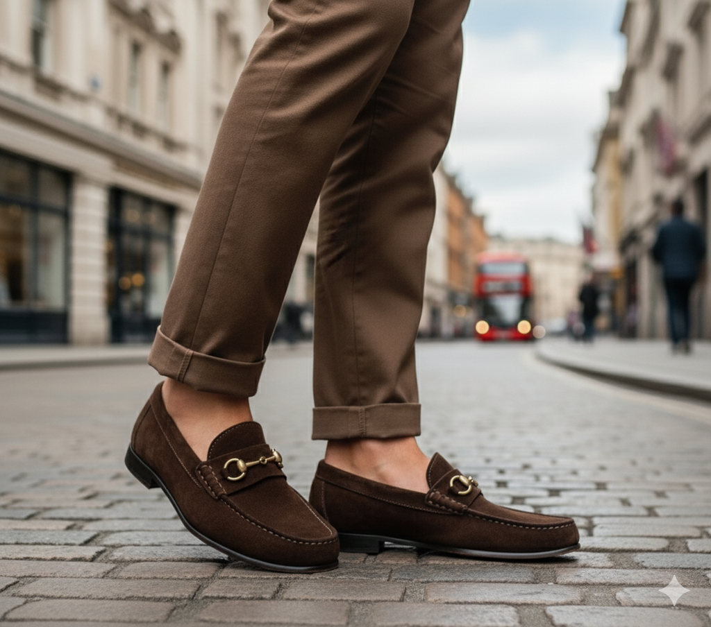 Dark Brown Suede Horsebit Loafers.