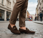 Dark Brown Suede Horsebit Loafers.
