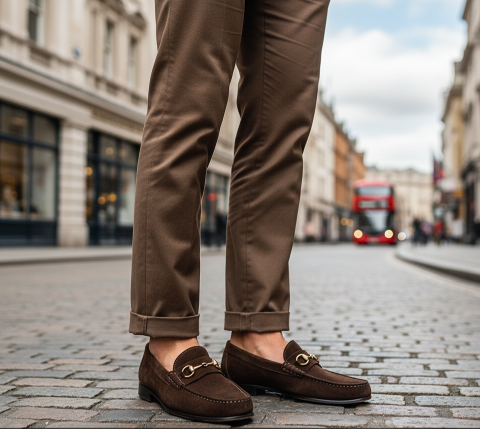 Dark Brown Suede Horsebit Loafers.