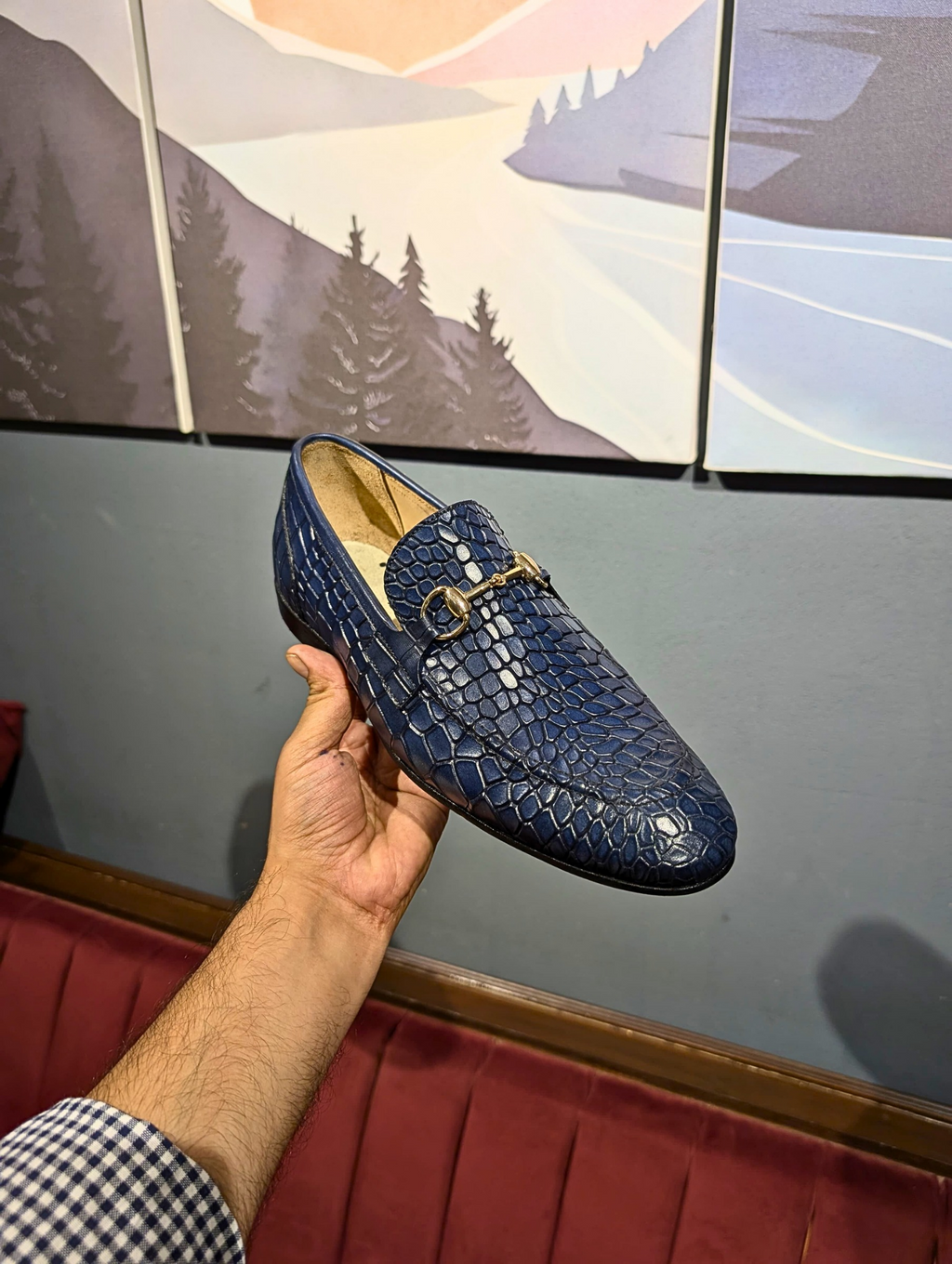 Blue Crocodile Emboss Horsebit Loafers.