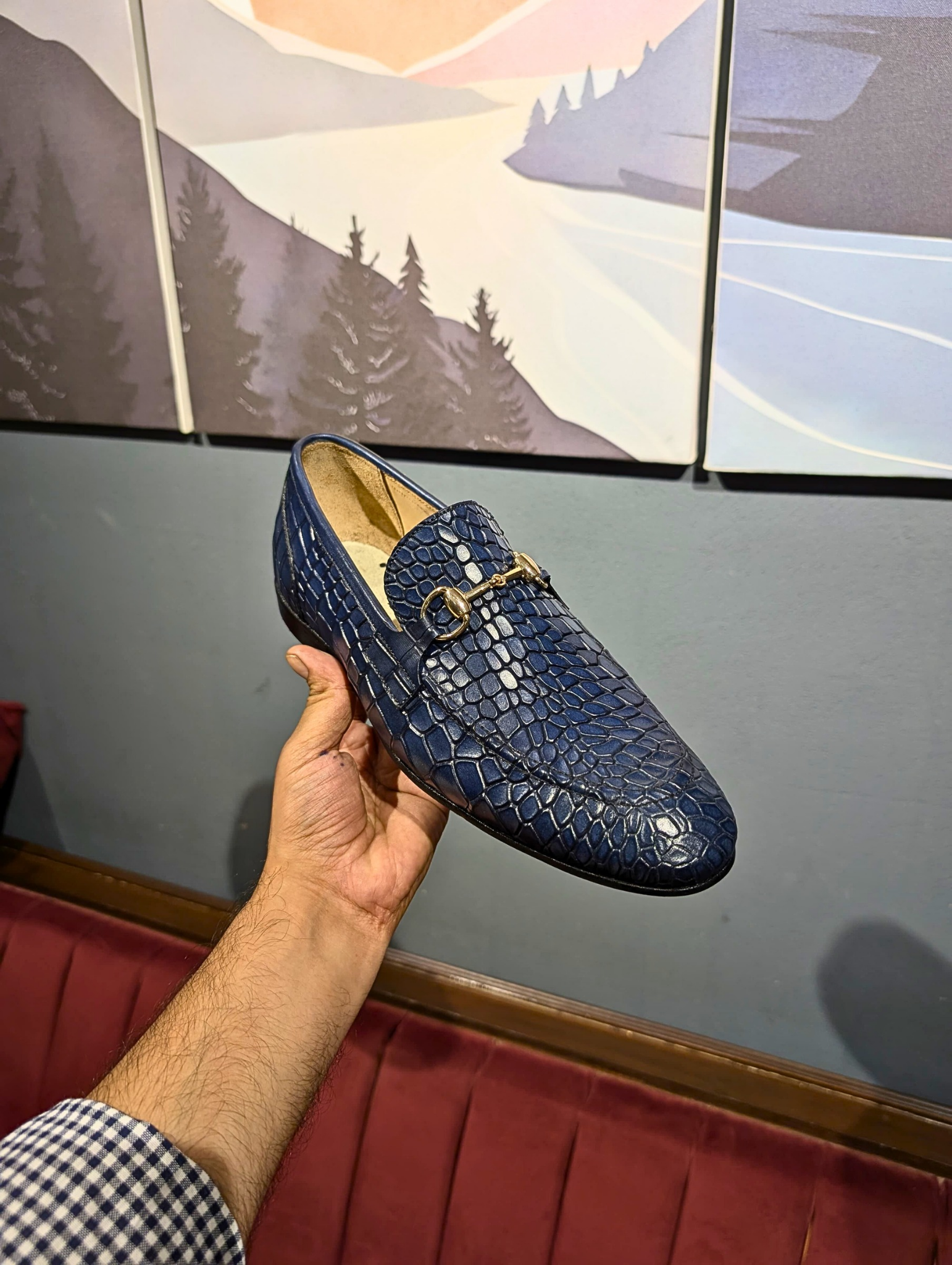 Blue Crocodile Emboss Horsebit Loafers.