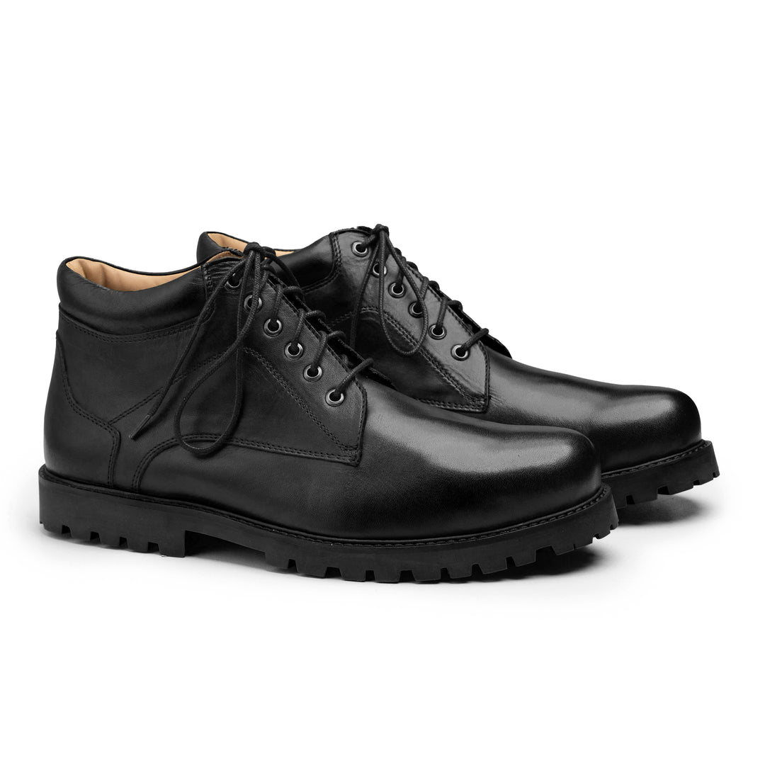 Black Leather Lace-Up Ankle Boots with Chunky Commando Sole