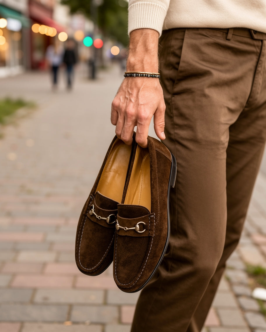 Dark Brown Suede Horsebit Loafers.