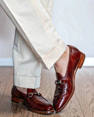 Handmade Burgandy Leather Loafers - horsebit detail