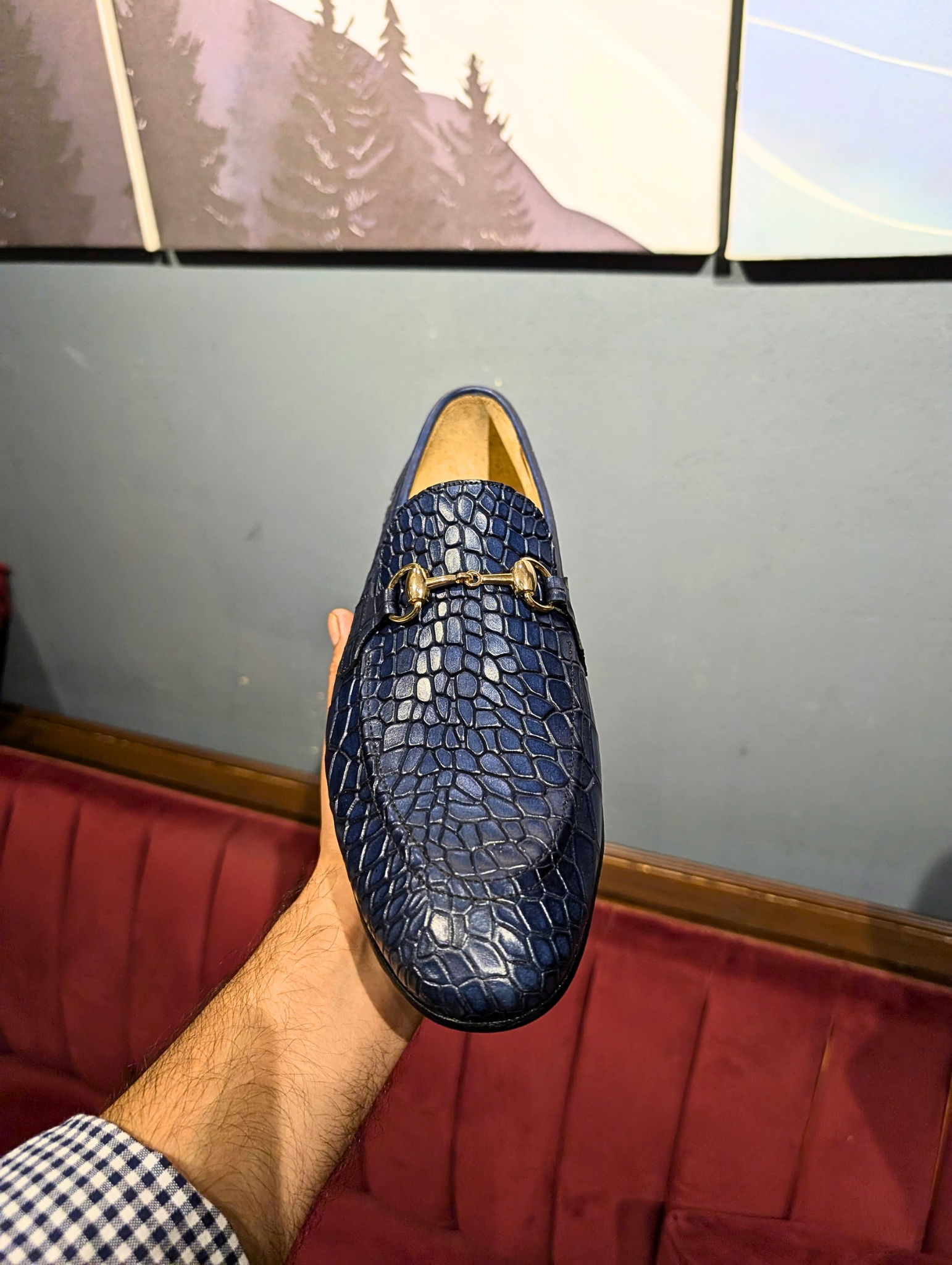 Blue Crocodile Emboss Horsebit Loafers.