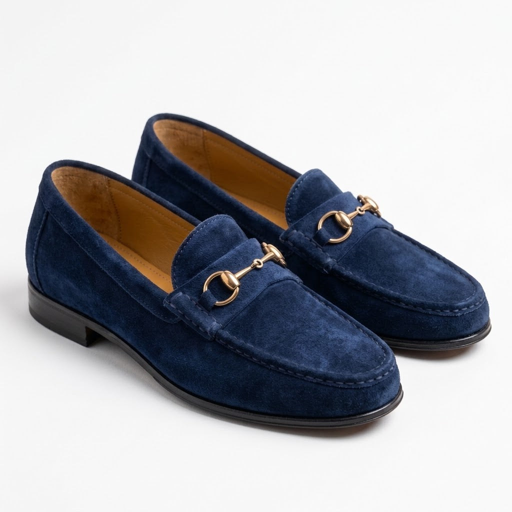 Handcrafted Blue Suede Horsebit Loafers for Men