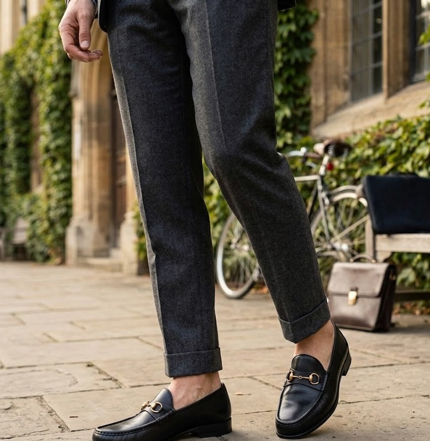 Close up of Leather texture on Harmain Leathers Men's Black Gold Bit Black Loafers
