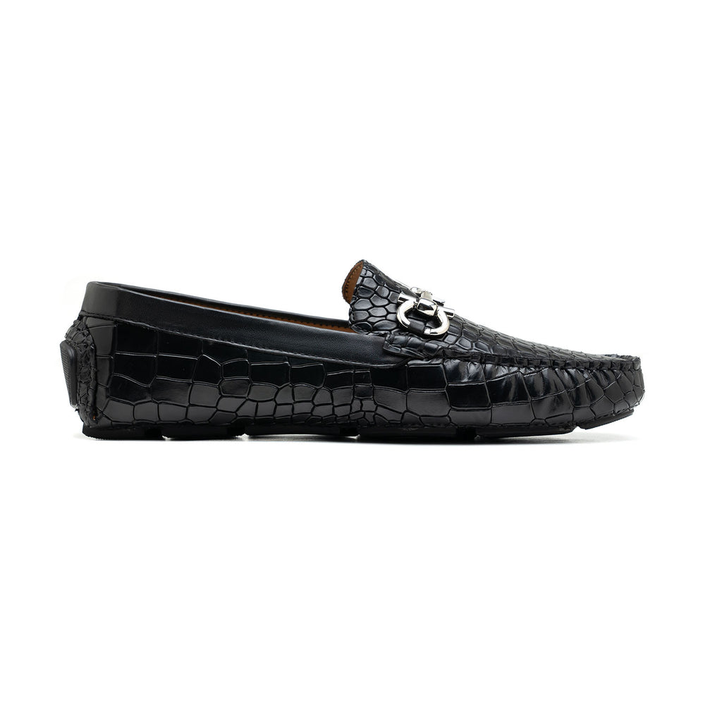 Harmain - Schwarze Leder-Loafer für Herren mit Kroko-Textur und Metall-Horsebit