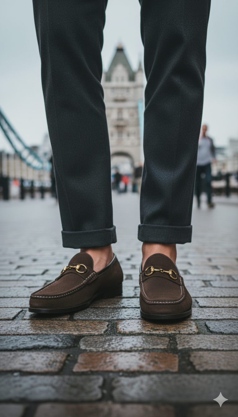 Dark Brown Suede Horsebit Loafers.