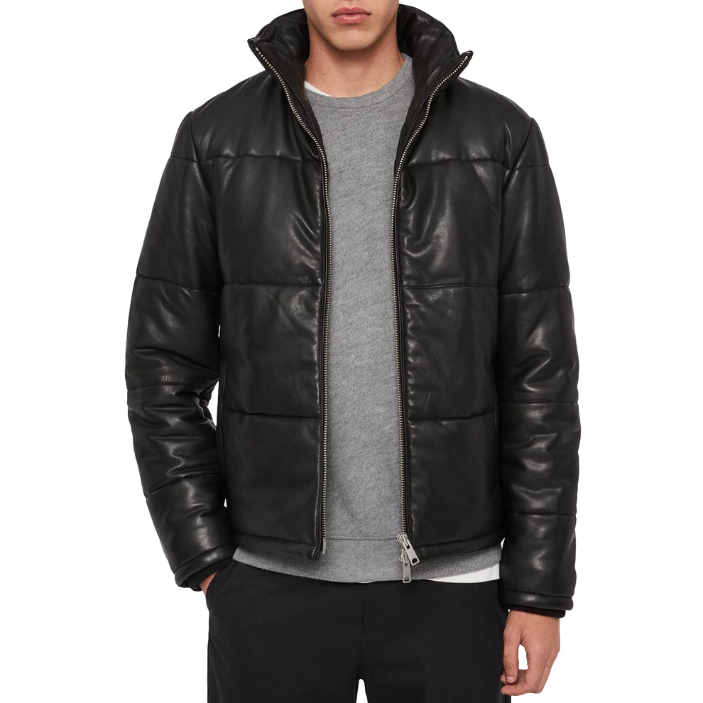 Unisex Signature Men's Black Leather Puffer Jacket | Harmain Uk styled open over an outfit, Harmain Leathers