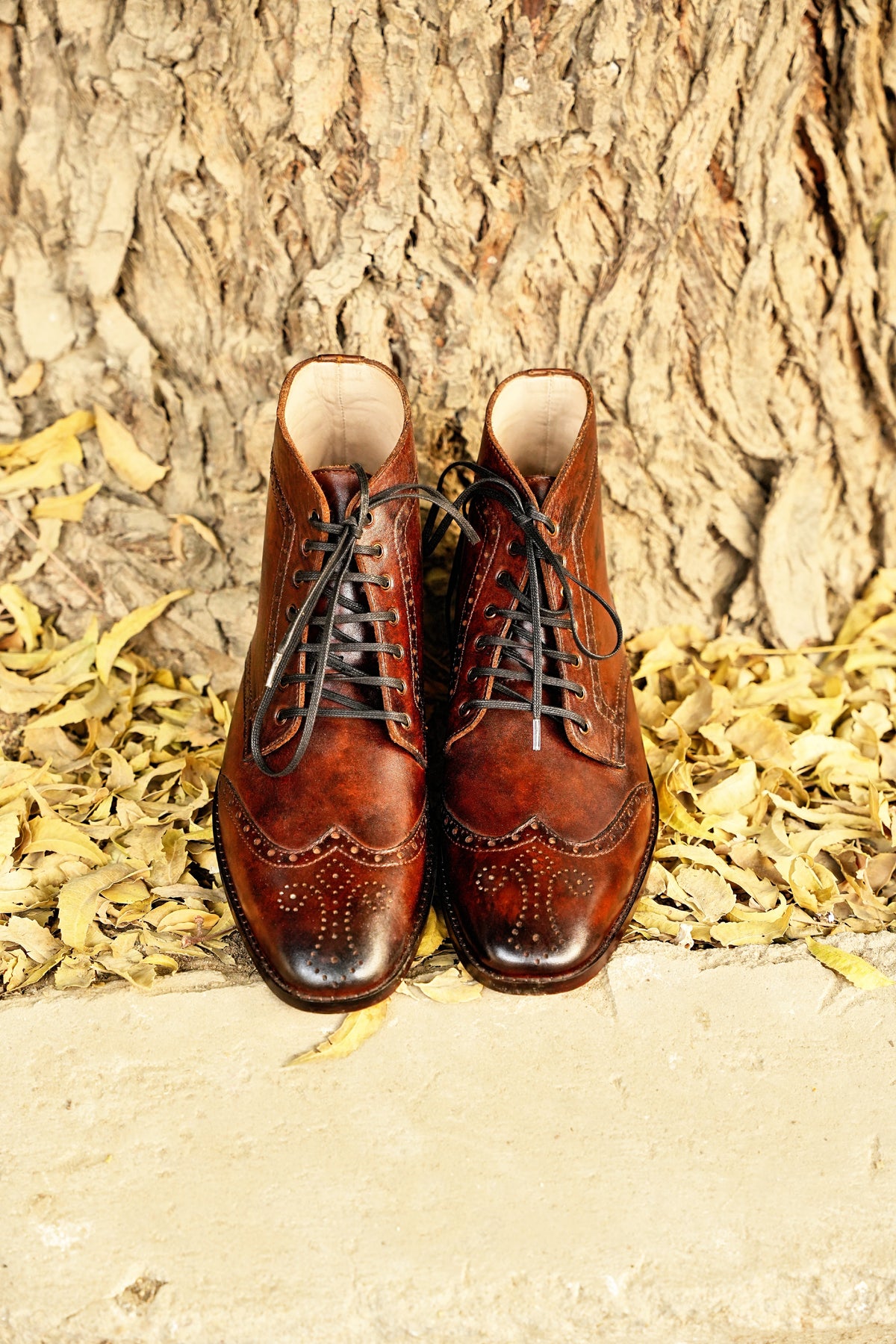 Harmain Leathers Men's Brown Leather Brown Leather Brogue Boots, front view, genuine leather craftsmanship