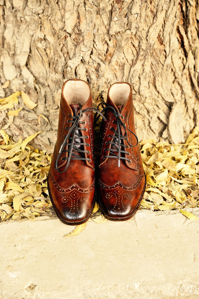 Harmain Leathers Men's Brown Leather Brown Leather Brogue Boots, front view, genuine leather craftsmanship