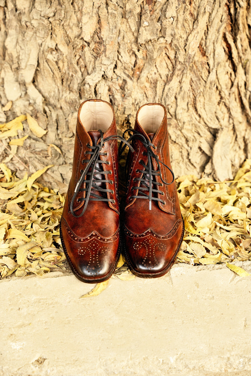 Harmain Leathers Men's Brown Leather Brown Leather Brogue Boots, front view, genuine leather craftsmanship