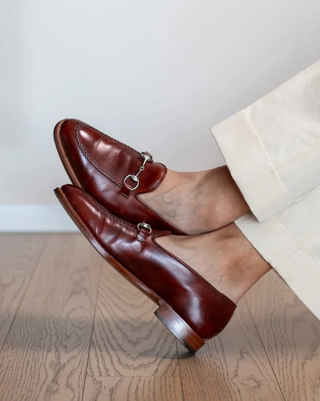 Harmain Leathers Men's Red Leather Handmade Burgundy Horsebit Loafers, front view