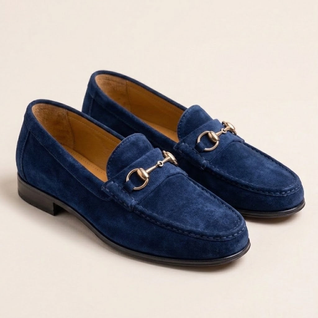 Handcrafted Blue Suede Horsebit Loafers for Men
