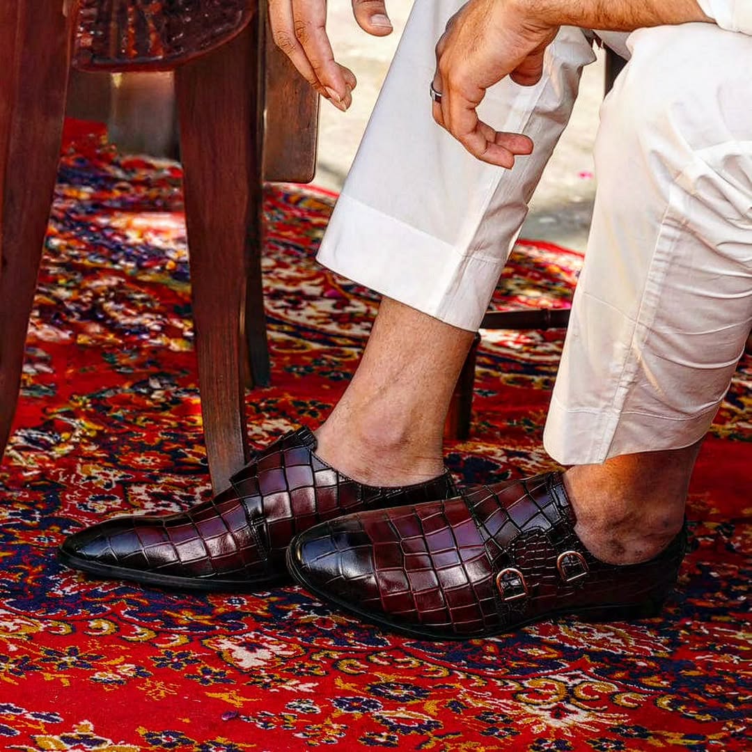 Burgundy Croc Monk Strap Shoes – Handcrafted Luxury for Men
