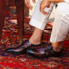 Burgundy Croc Monk Strap Shoes – Handcrafted Luxury for Men