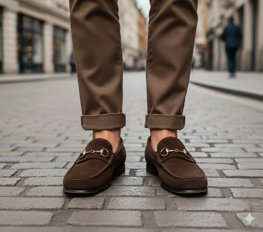 Dark Brown Suede Horsebit Loafers.
