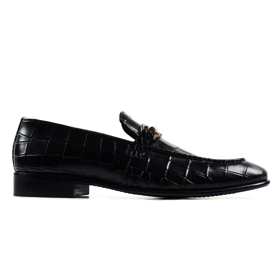 Black Crocodile-Embossed Leather Loafers