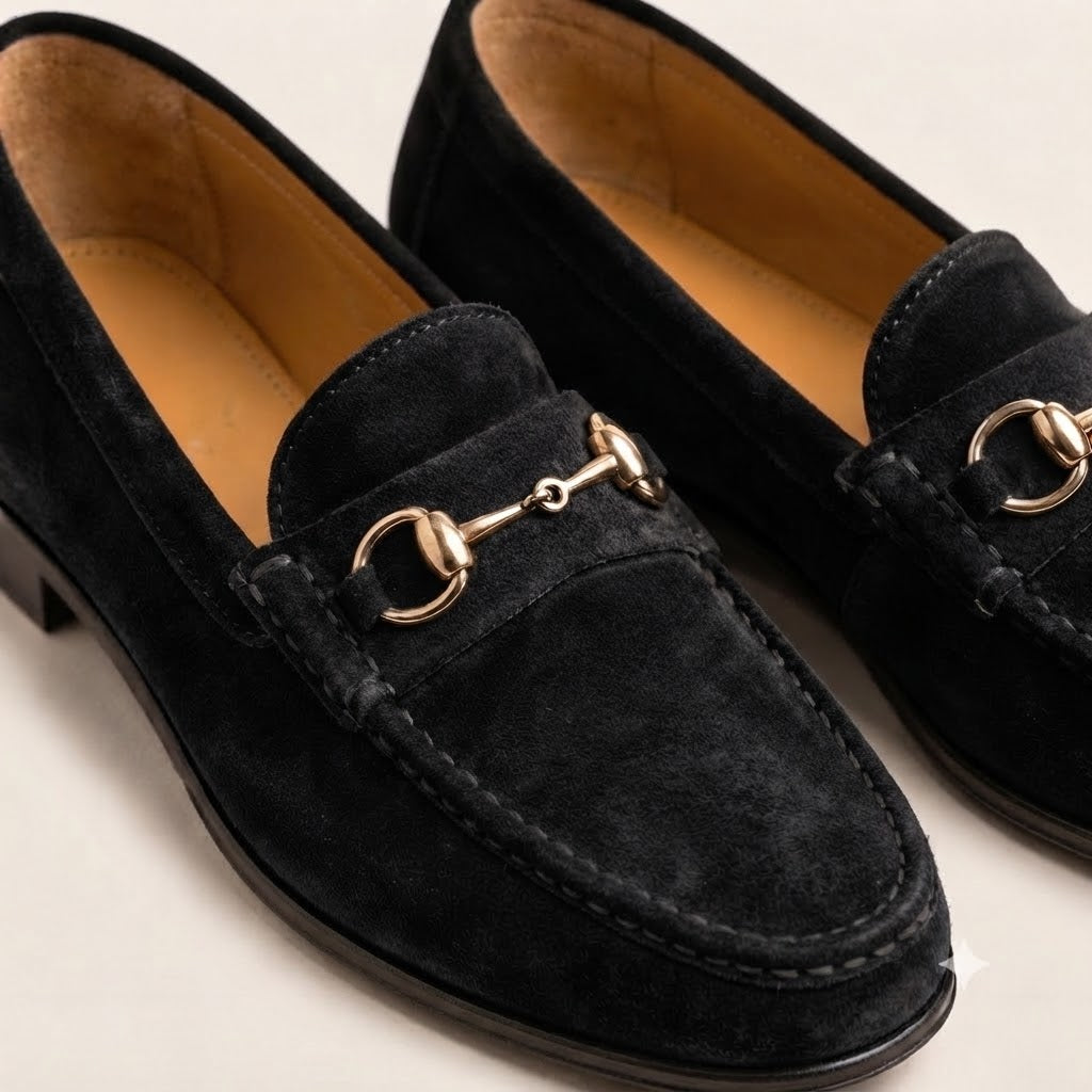 Black Suede Horsebit | Handcrafted Genuine Leather | Leather Soles