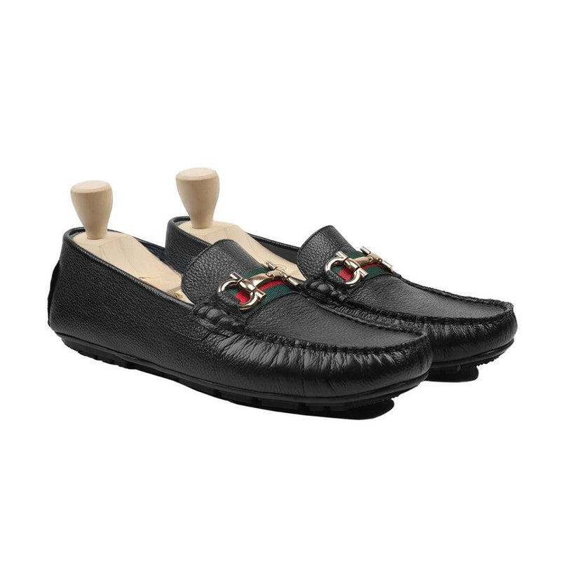 Harmain Leathers Men's Black Leather Cambridge Loafers, front view, genuine leather craftsmanship