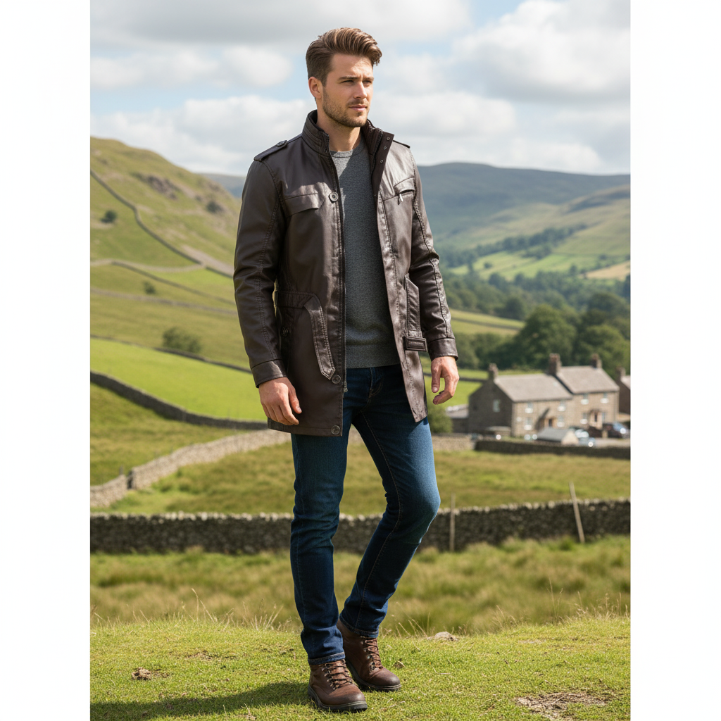 Harmain Leathers Unisex Signature Leather The Heritage Dark Brown Longline Leather Jacket, front view