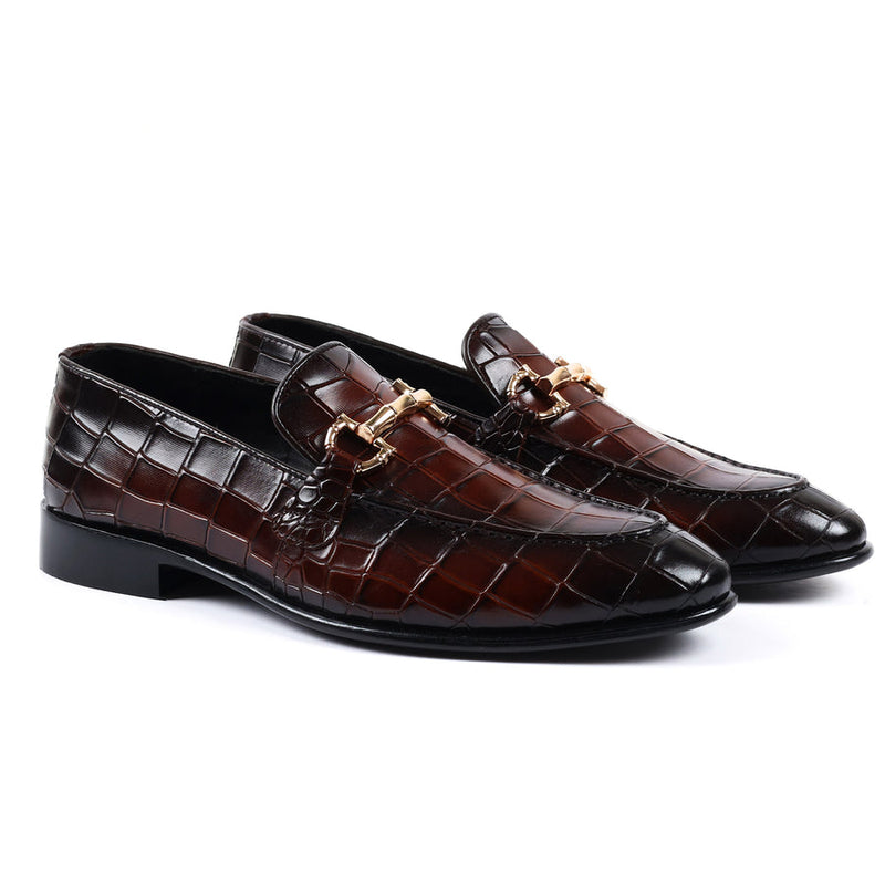 Harmain Leathers Men's Animal Leather Burgandy Croc Emboss Gold Buckle, front view