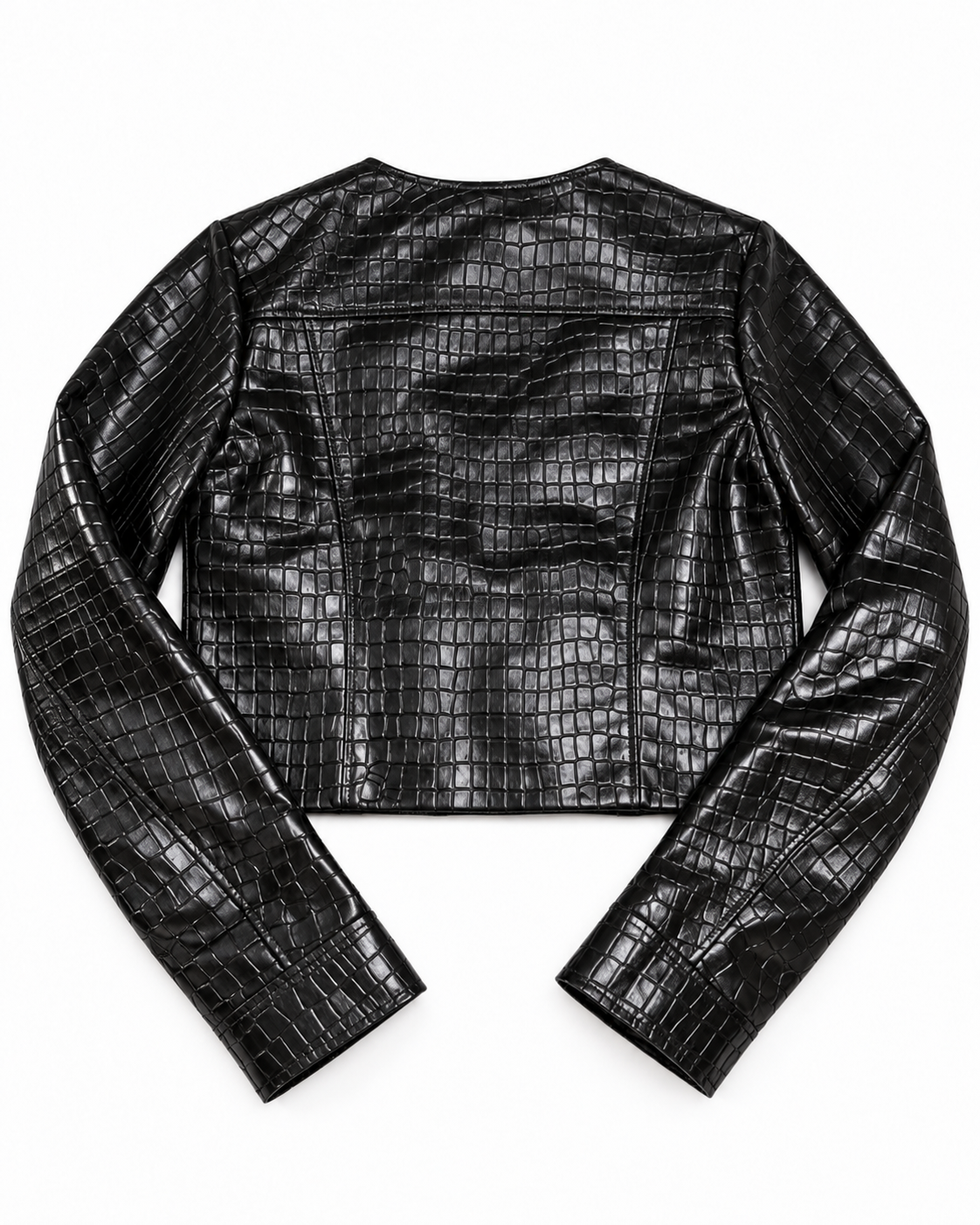 Back view of the women's black cropped collarless croc leather jacket